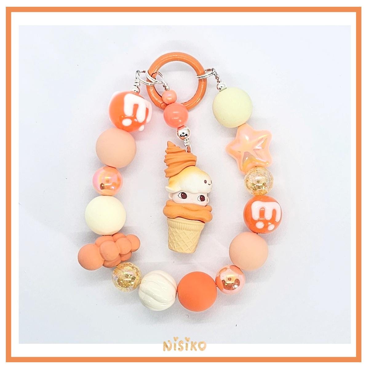 POPMART Bean edited! Dimoo Ice cream one-of-a-kind handmade w/ painted beads - keychain or phone charm, Christmas Gift