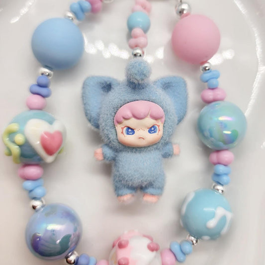 DORA in animal suit furry bean with handmade beaded chain and premium beads, gift, kawaii